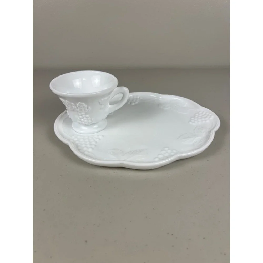 Westmoreland Milk Glass Grape Pattern Snack Set Plate and Cup White Vintage